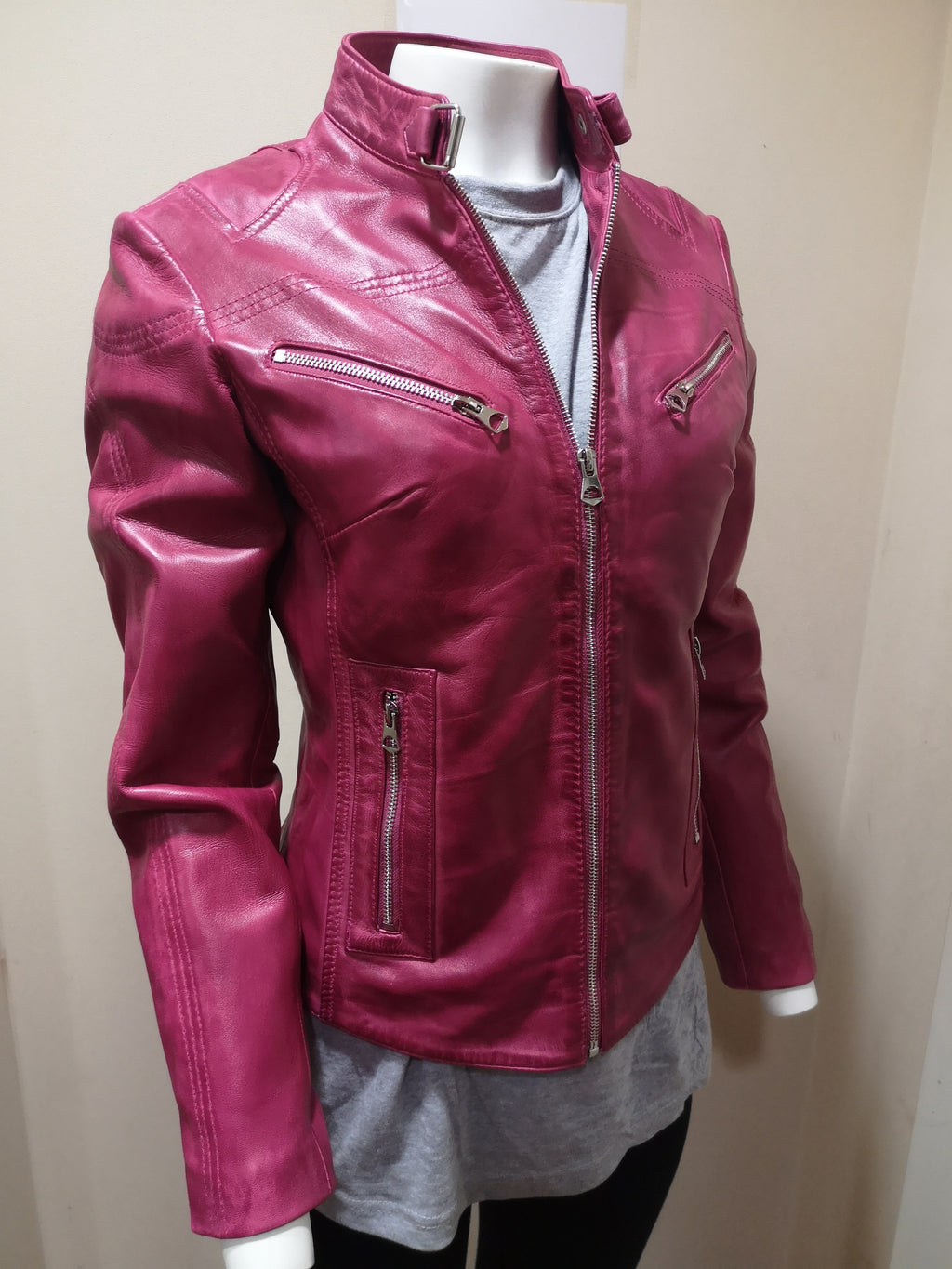 Ladies Antique Tan Slim Fit Biker Style Leather Jacket: Ella