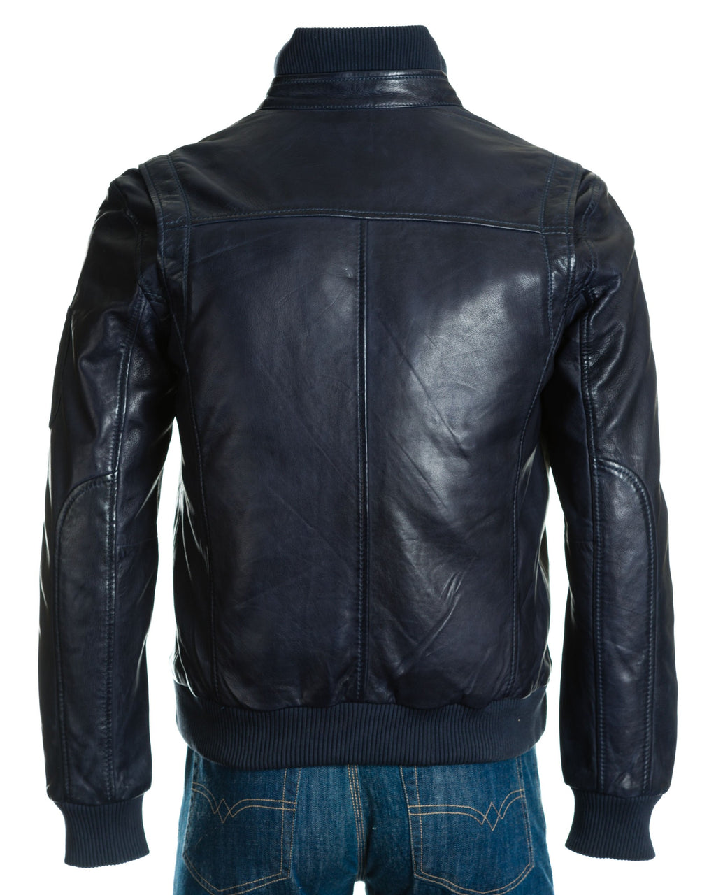 Men's Navy Stand-Up Rib-Knit Collared Leather Bomber: Otello