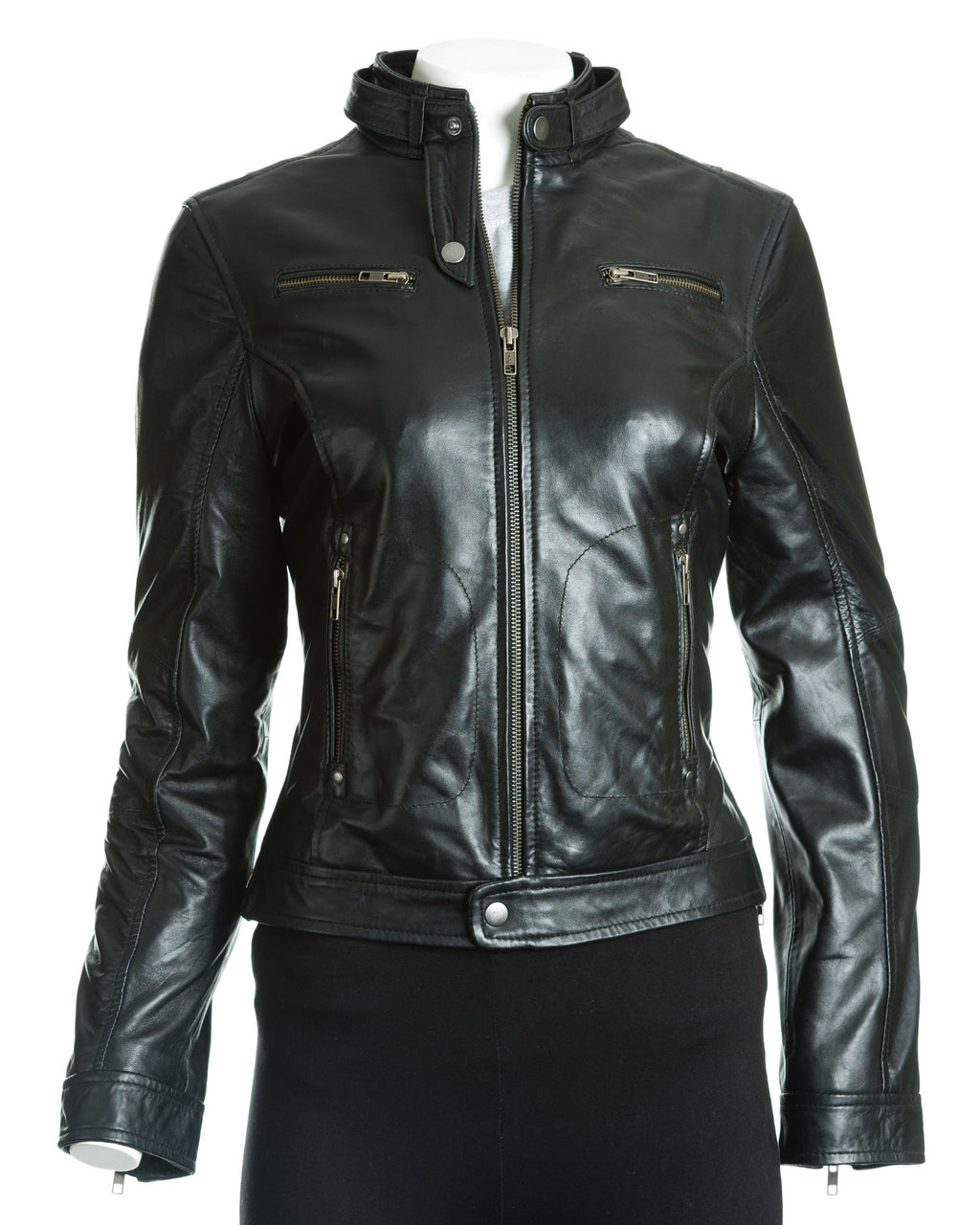 Women's Fitted Leather Biker Jacket With Tab Collar: Aria
