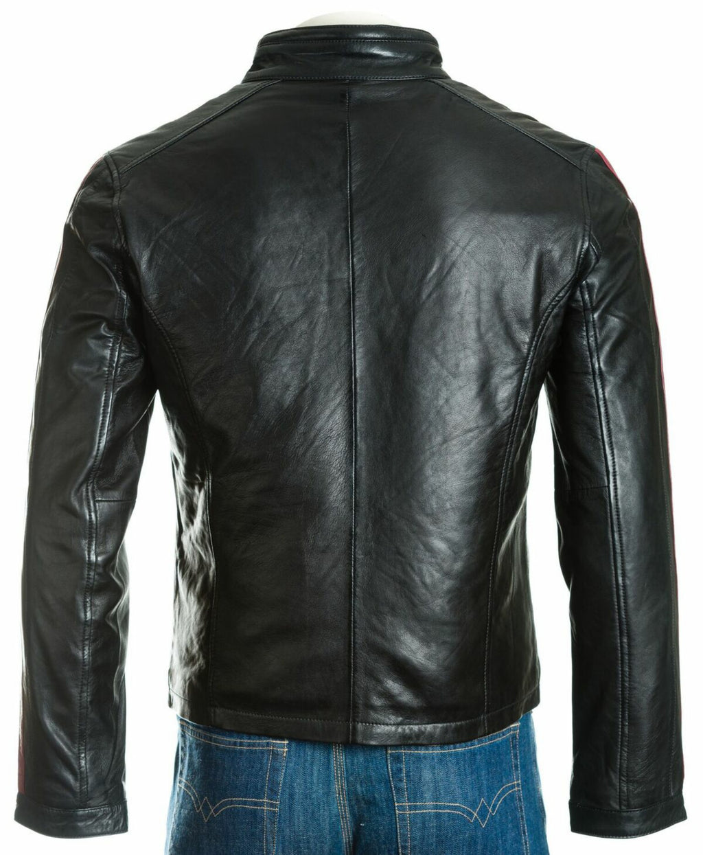 Men's Black Tab Collar Leather Biker Jacket with Contrast Stripe Detail: Gavino