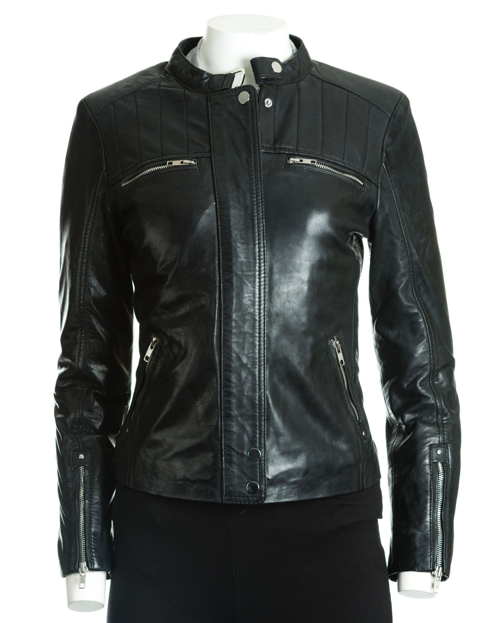 Women's Leather Biker Jacket with Stitch Detail: Zeta