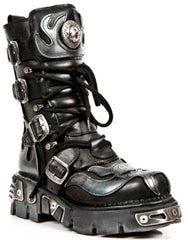 NEW ROCK - 107-S2 Silver Flame Skull Lace Up Boots