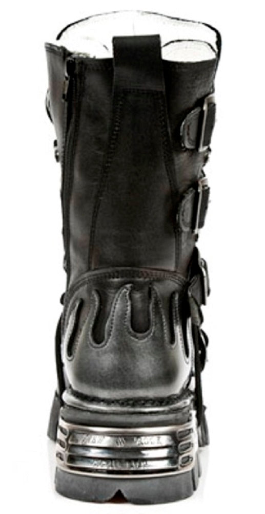 NEW ROCK - 107-S2 Silver Flame Skull Lace Up Boots