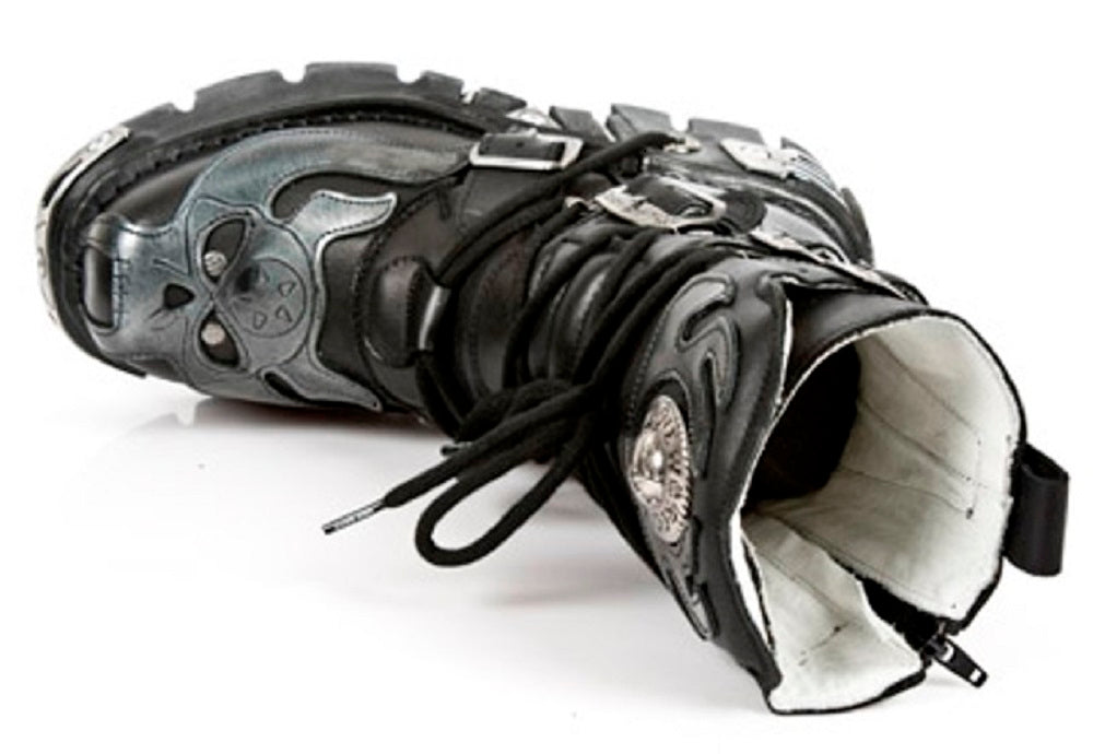NEW ROCK - 107-S2 Silver Flame Skull Lace Up Boots