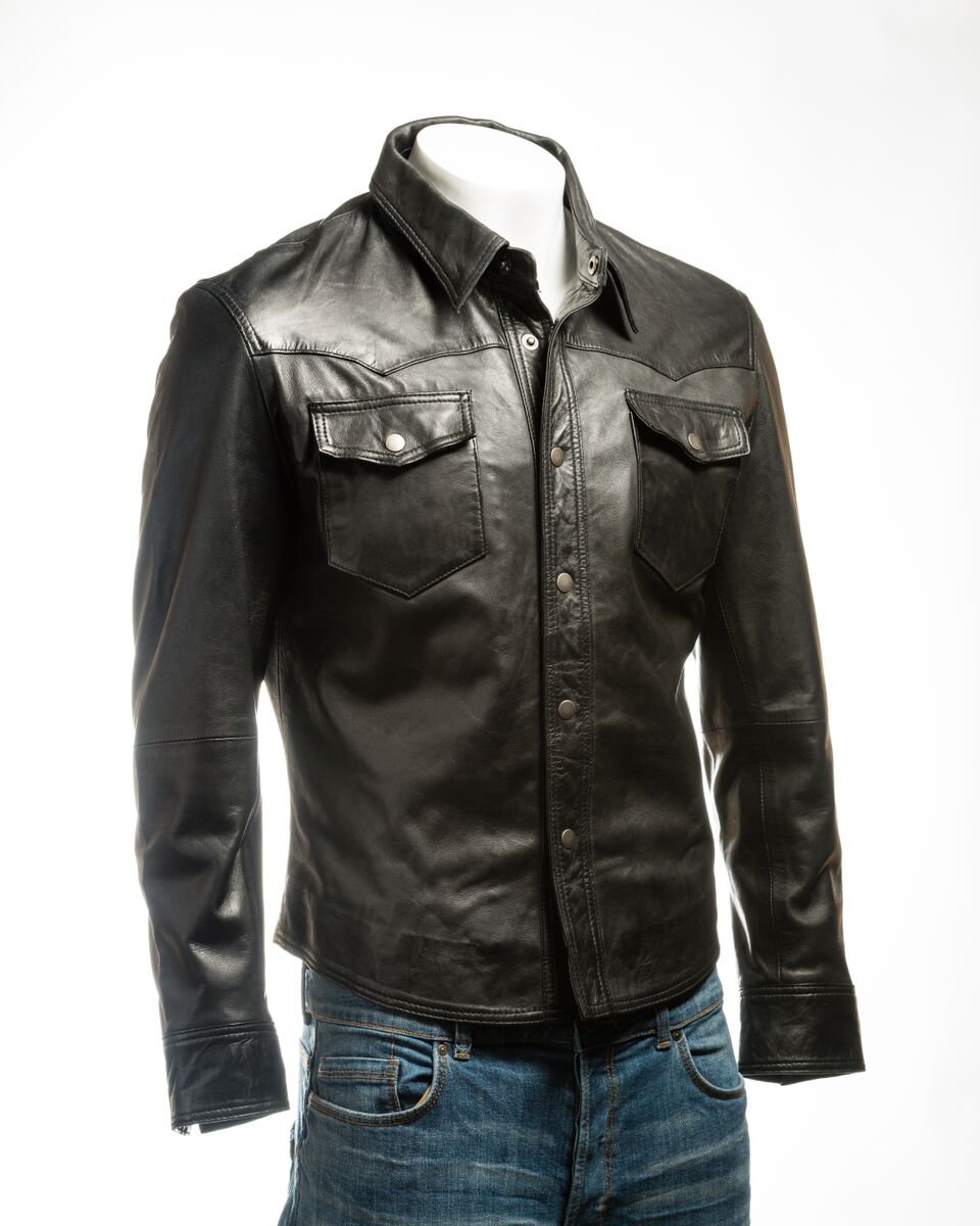 Men's Black Shirt Style Leather Jacket: Renzo