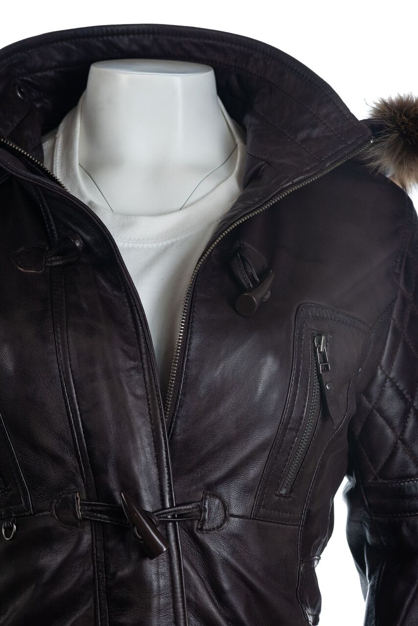 Ladies Brown Fitted Leather Parka Coat With Fur Trimmed Detachable Hood: Marina