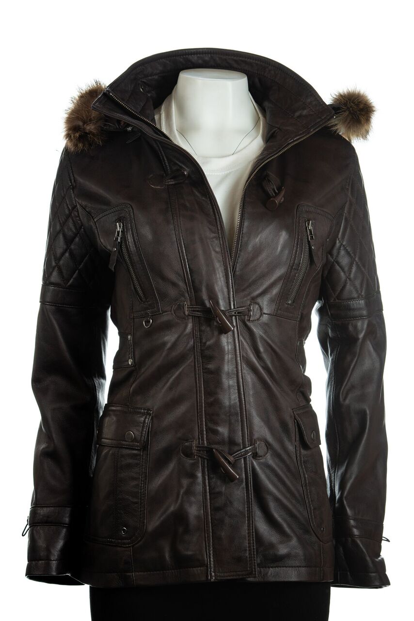 Ladies Brown Fitted Leather Parka Coat With Fur Trimmed Detachable Hood: Marina