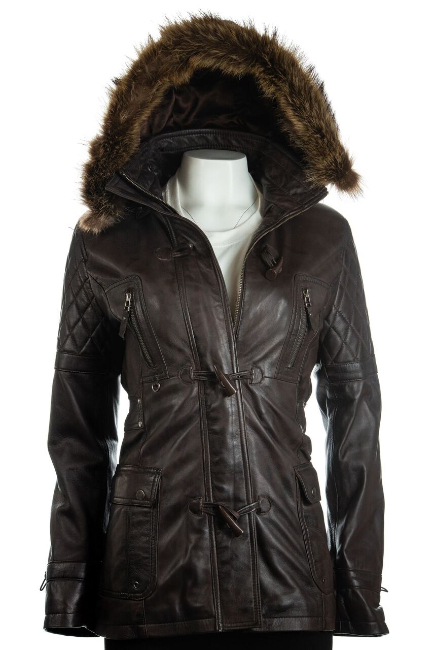Ladies Brown Fitted Leather Parka Coat With Fur Trimmed Detachable Hood: Marina