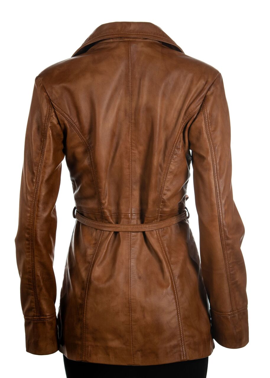 Ladies Tan 3/4 Mid Length Zip Up Belted Leather Coat: Martina