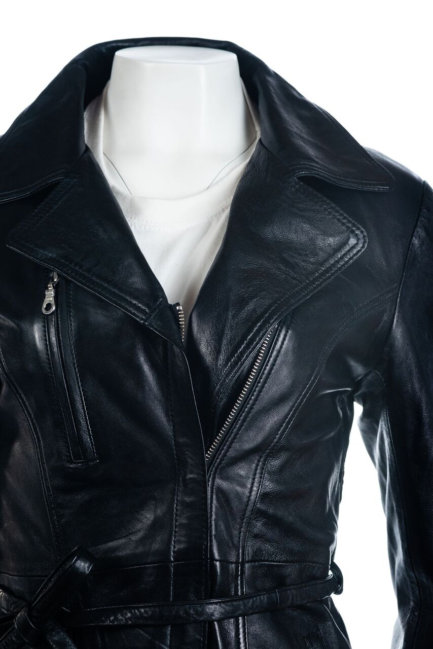 Ladies Black 3/4 Mid Length Zip Up Belted Leather Coat: Martina
