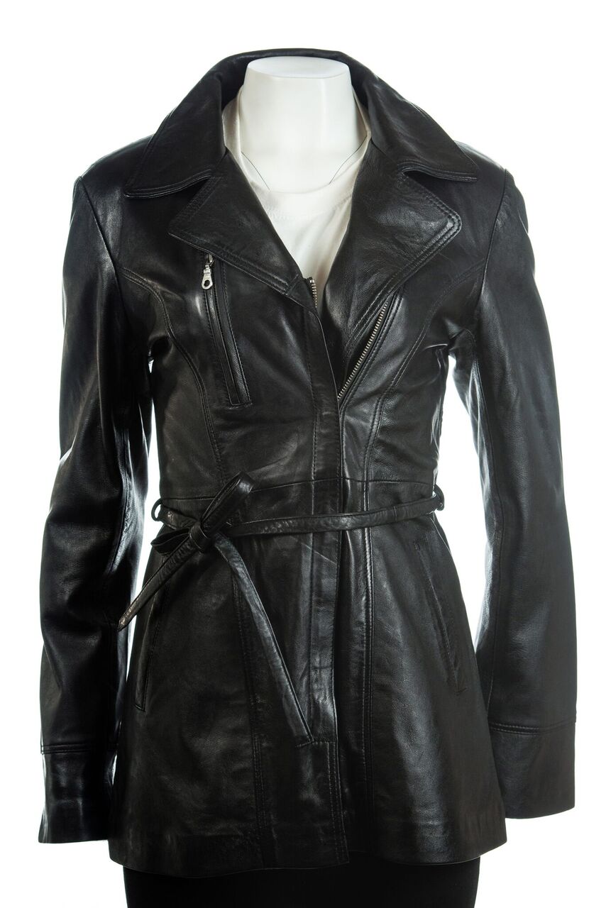 Ladies Black 3/4 Mid Length Zip Up Belted Leather Coat: Martina