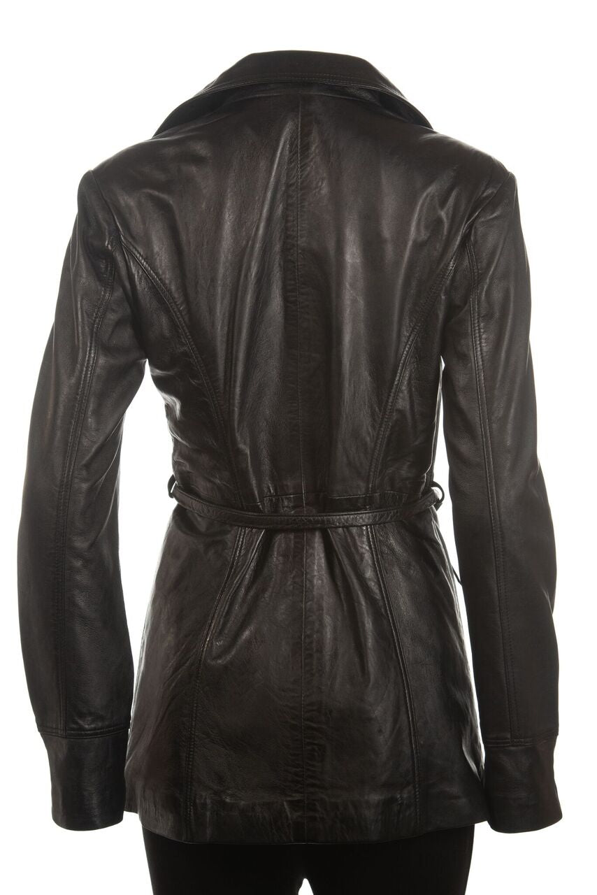 Ladies Tan 3/4 Mid Length Zip Up Belted Leather Coat: Martina