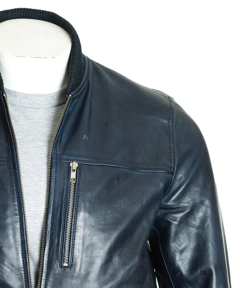 Men's Navy Rib-Knit Collar Leather Bomber: Fabbro