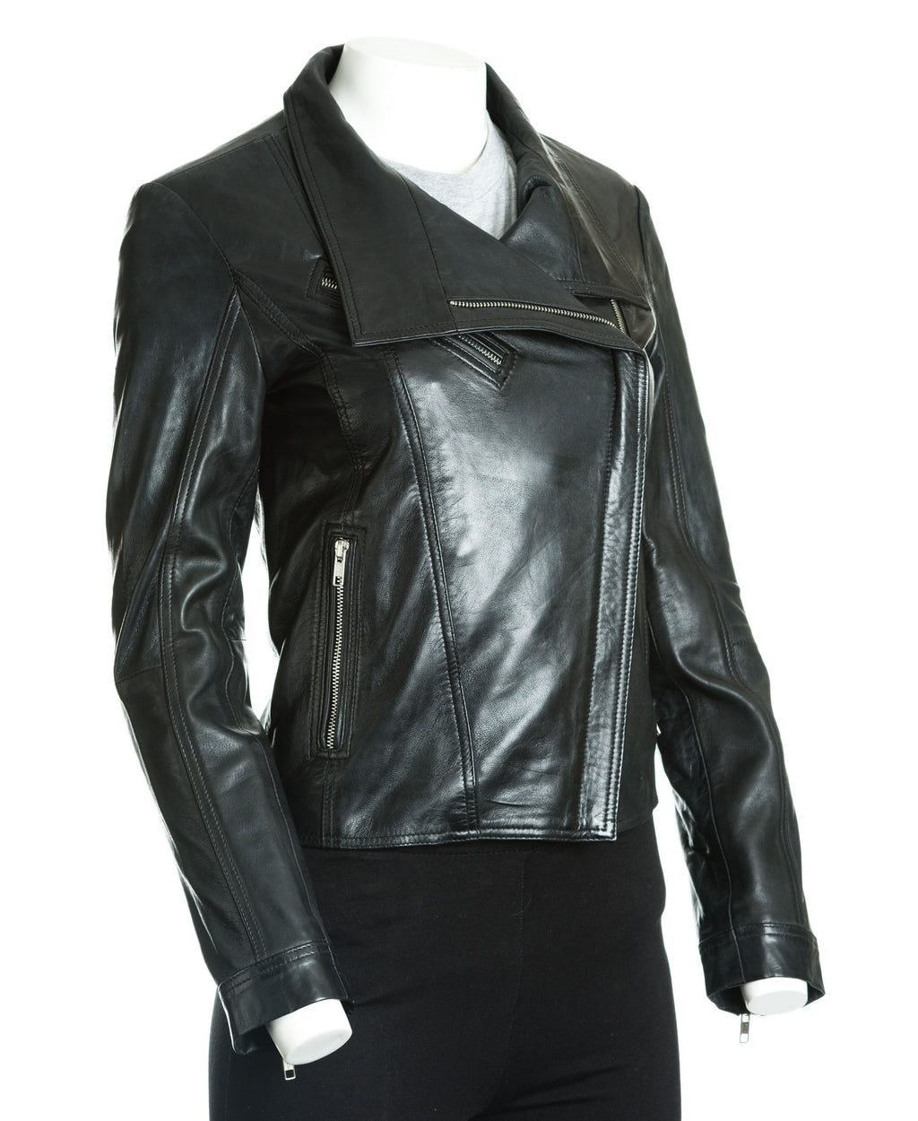 Women's Asymmetric Collar Leather Biker Style Jacket: Bernadetta