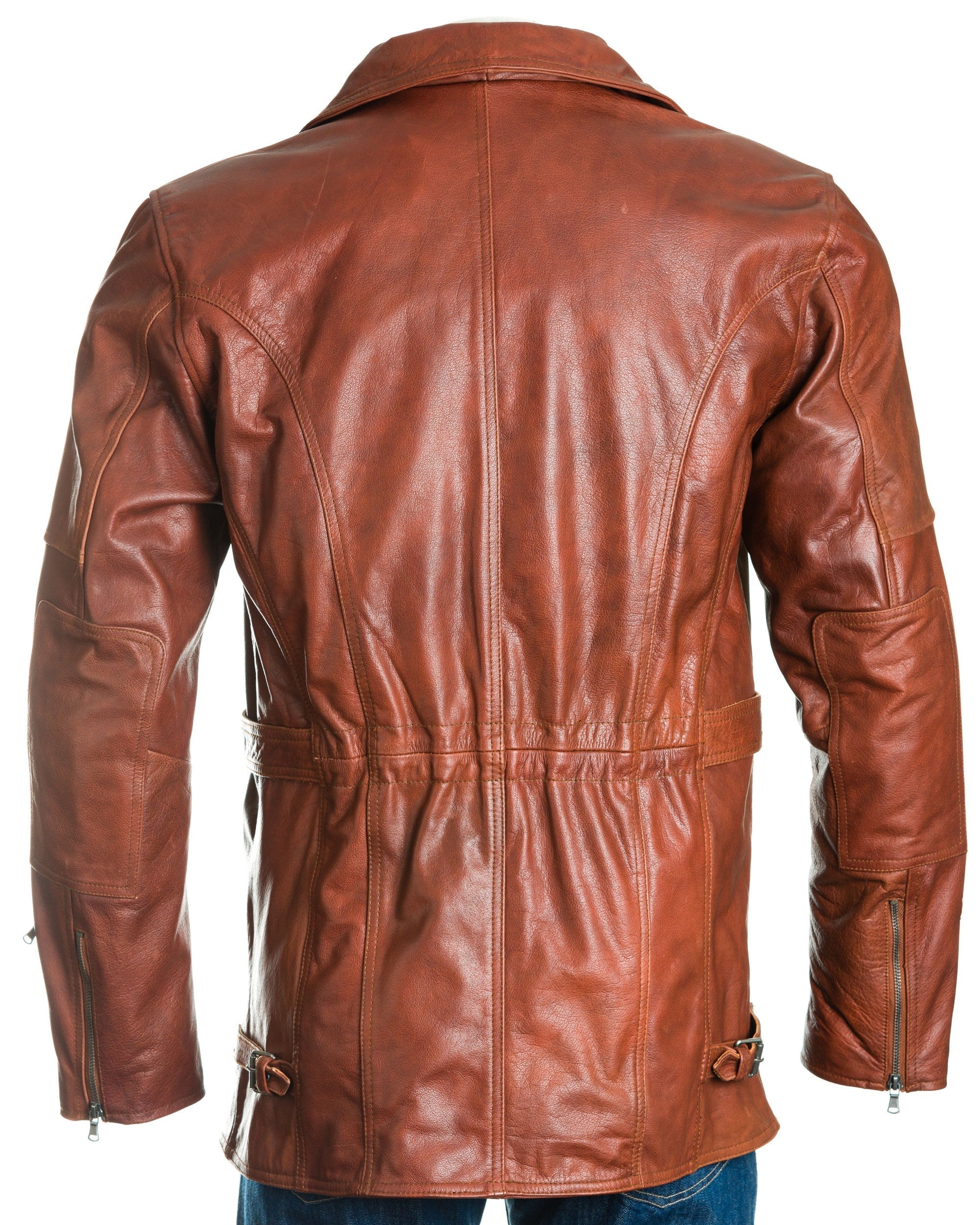 Men's Cognac Belted Soft Cow Hide Armoured Motorbike Coat: Rocco