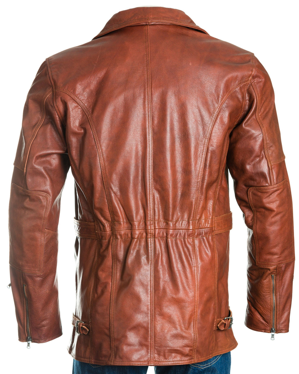 Men's Cognac Belted Soft Cow Hide Armoured Motorbike Coat: Rocco