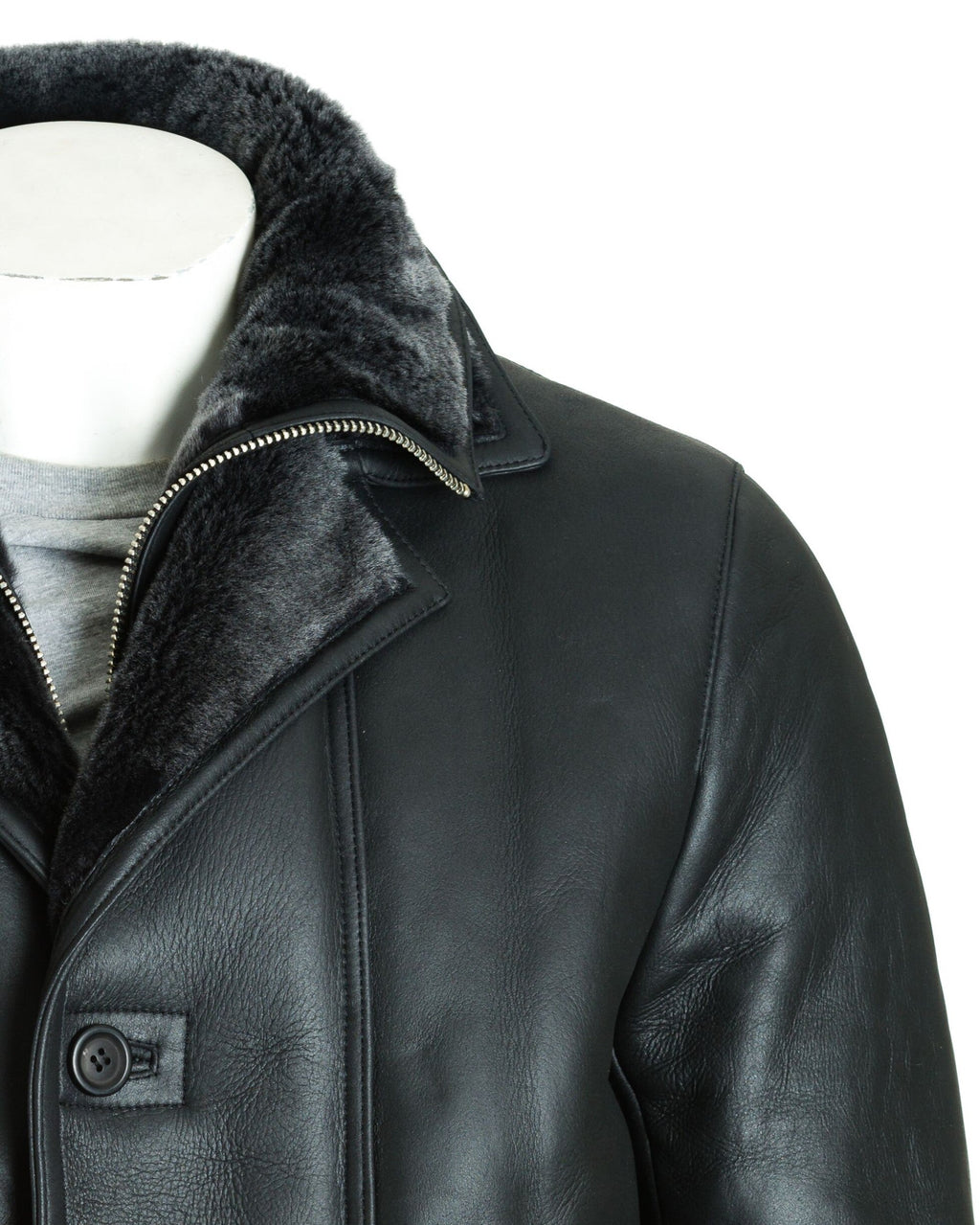 Men's Black Smart Leather Finish Sheepskin Shearling Coat: Samuele