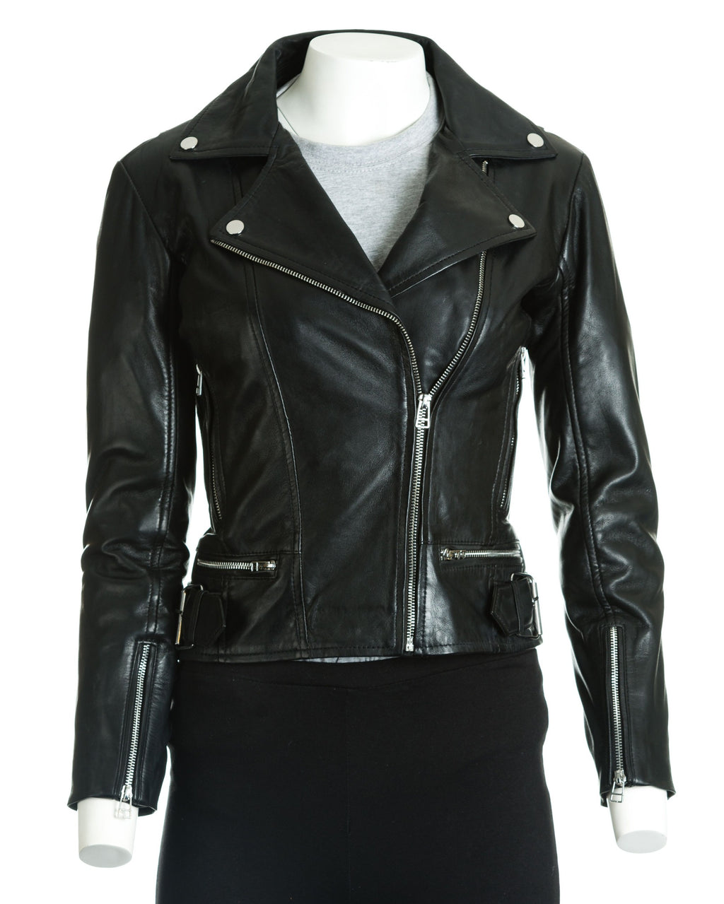 Women's Black Asymmetric Leather Biker Jacket: Assisi