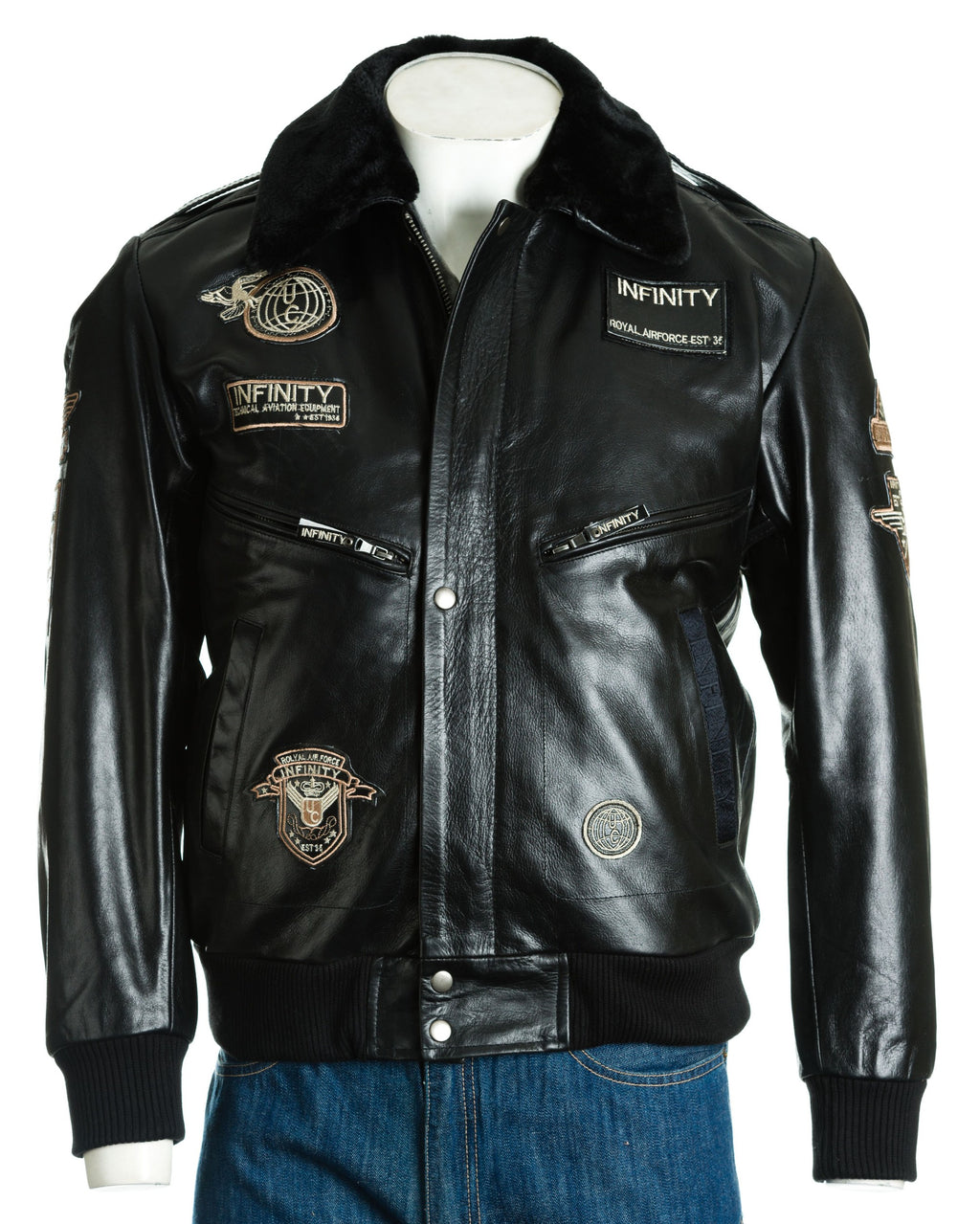 Men's Black Aviator Pilot Flight A2 Style Leather Jacket With Patch Detail And Detachable Faux Fur Collar: Giuseppe