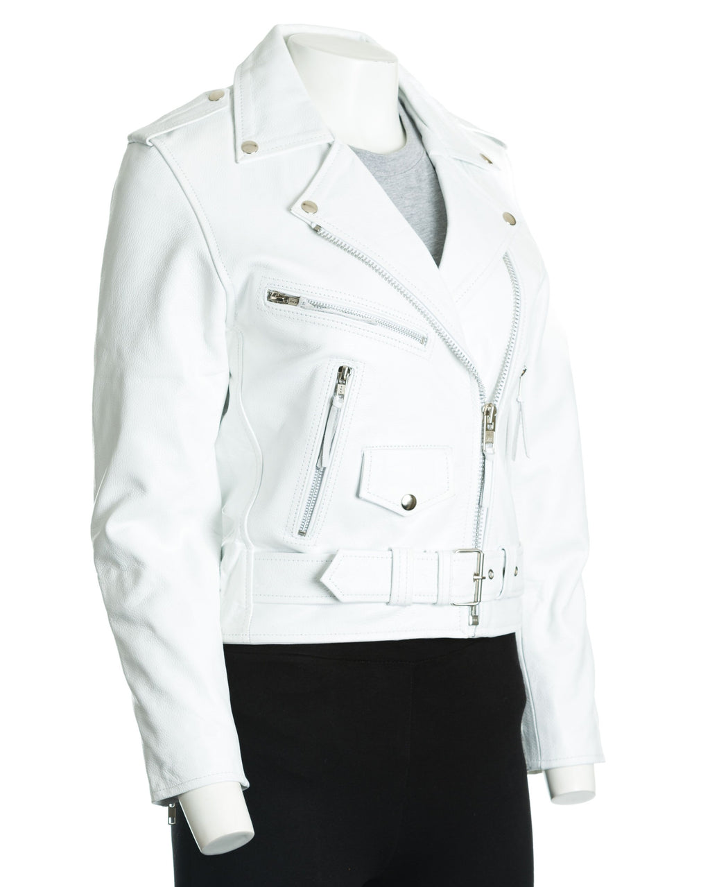 Women's White Classic Brando Biker Style Cow Hide Leather Jacket: Gemma