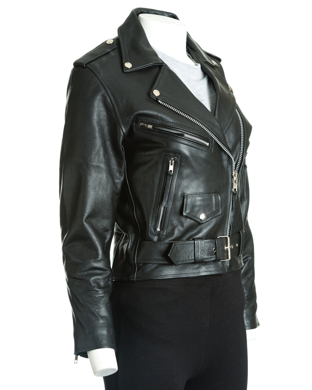 Women's Black Classic Brando Biker Style Cow Hide Leather Jacket: Gemma
