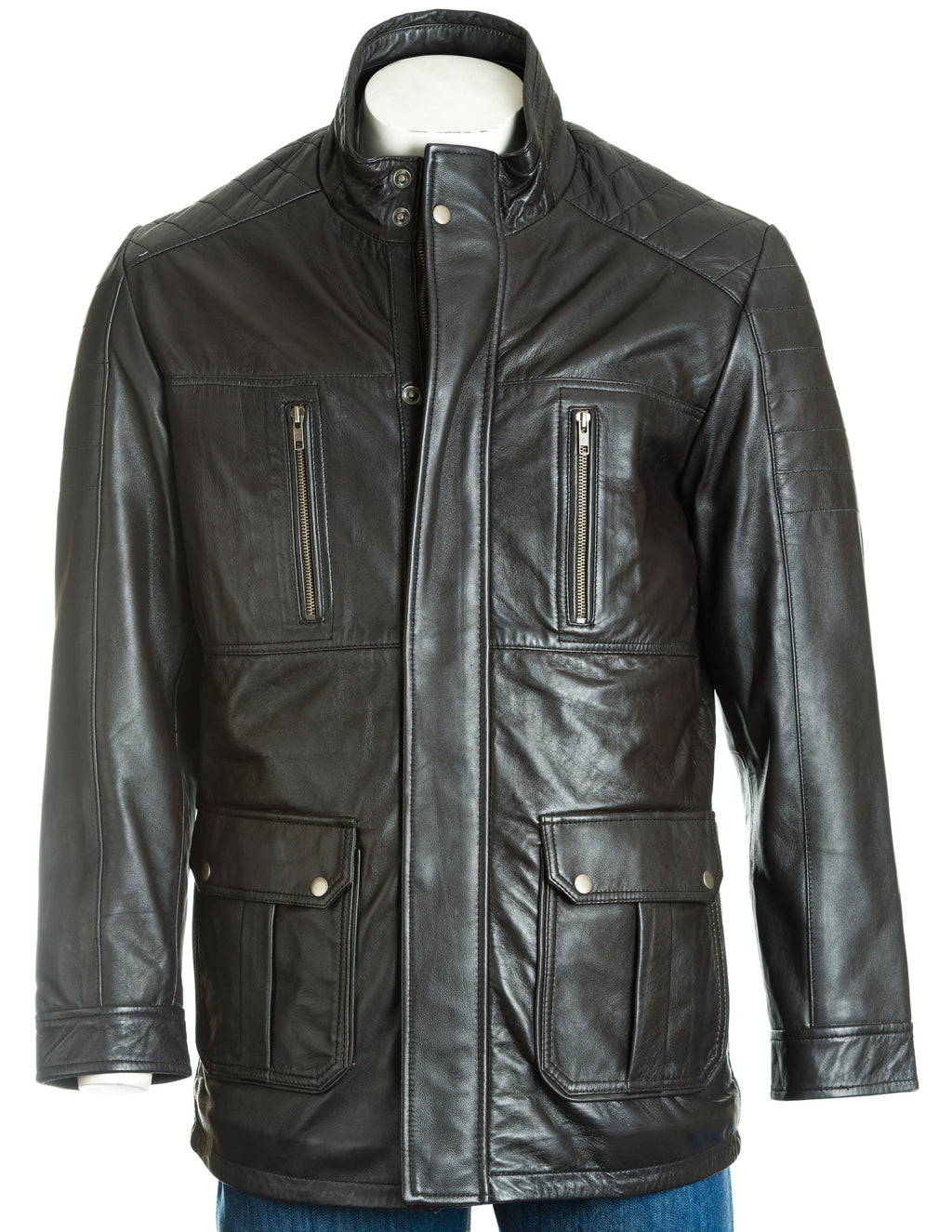 Men's Dark Brown Leather Coat With Shoulder Panel Stitch Detail: Enrico