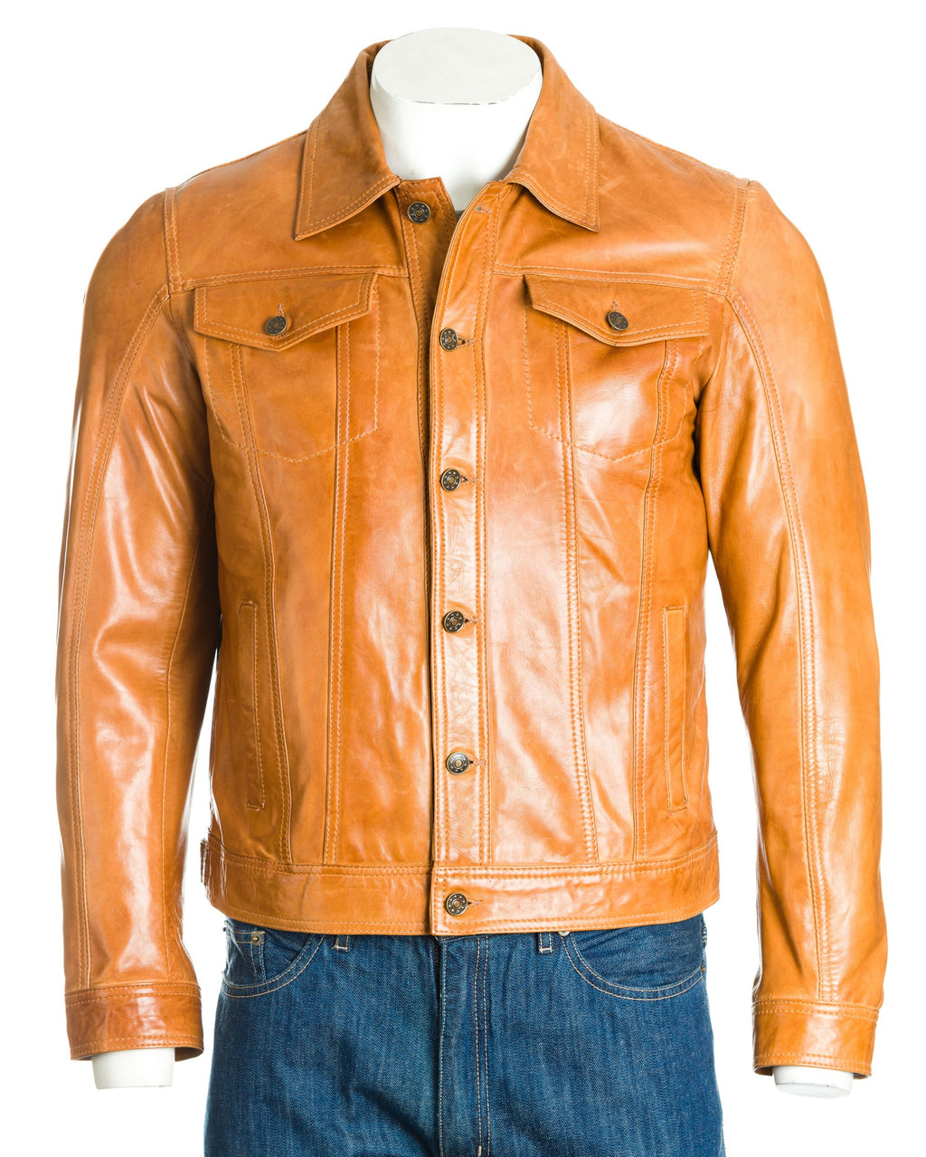 Men's Antique Tan Denim Shirt Style Leather Jacket: Antonio