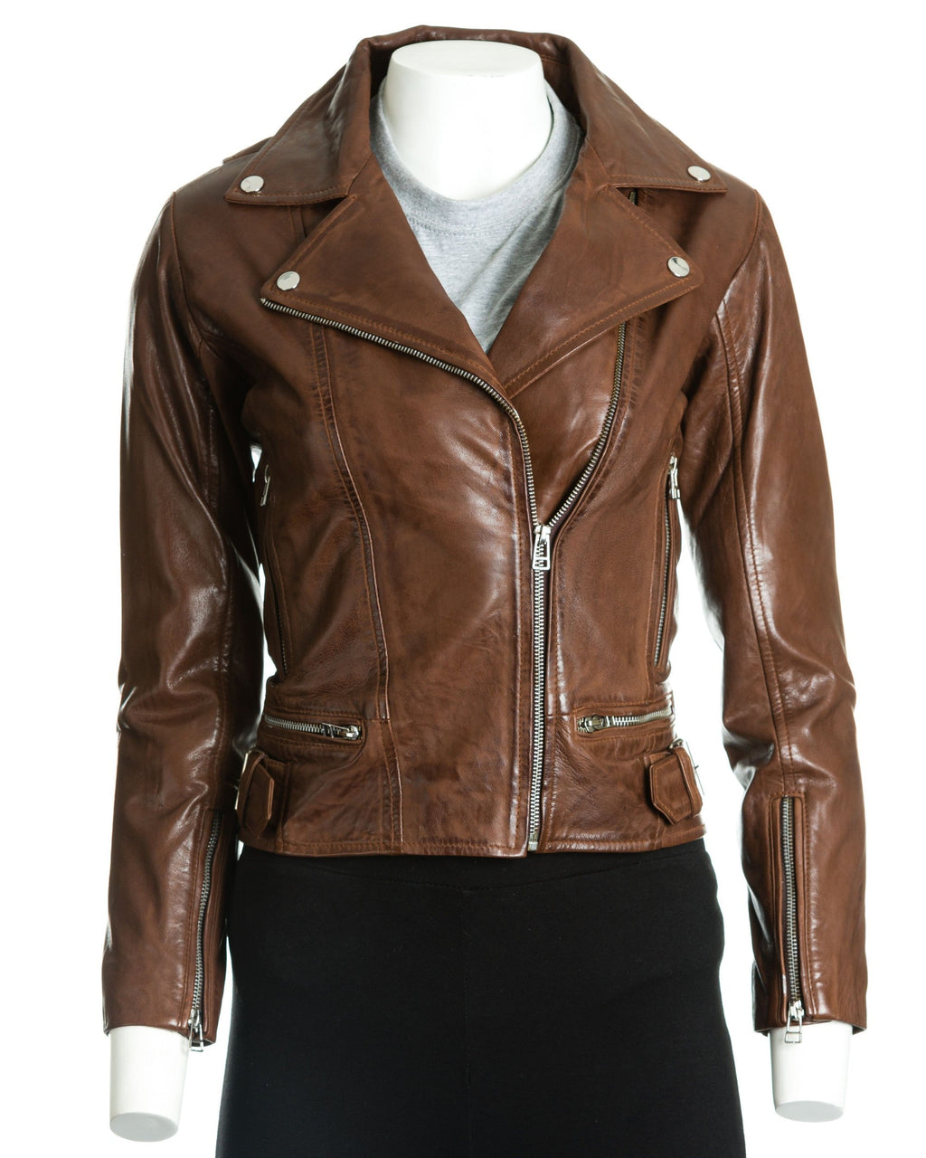 Women's Brown Asymmetric Leather Biker Jacket: Assisi