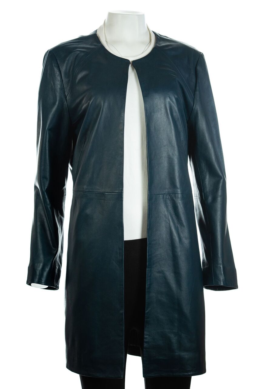 Ladies 3/4 Mid Length Collarless Leather Coat: Vittoria