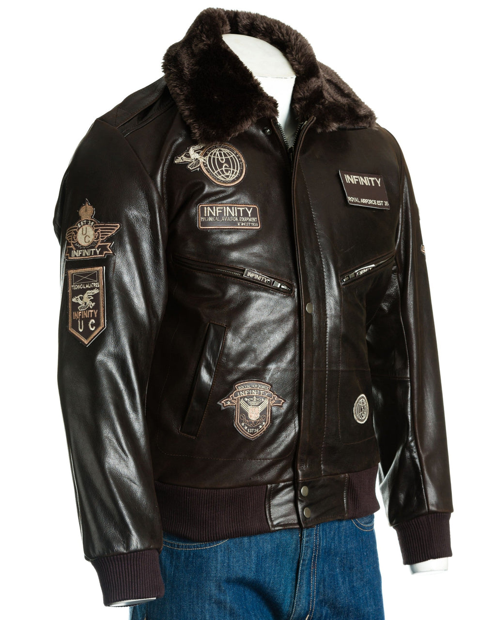 Men's Brown Aviator Pilot Flight A2 Style Leather Jacket With Patch Detail And Detachable Faux Fur Collar: Giuseppe