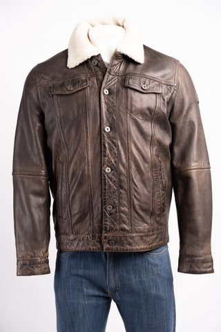 Men's Distressed Denim Style Leather Jacket with Detachable Faux Collar: Sisto