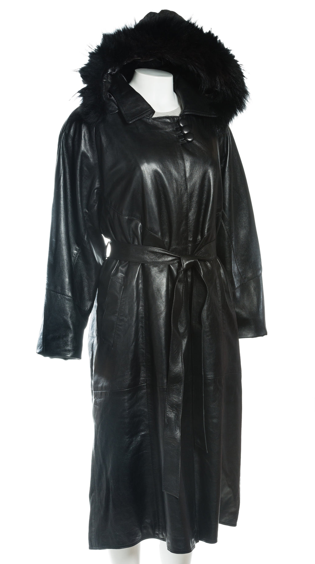 Ladies Black Belted Full Length Coat with Detachable Lining and Fur Trimmed Hood: Valentina