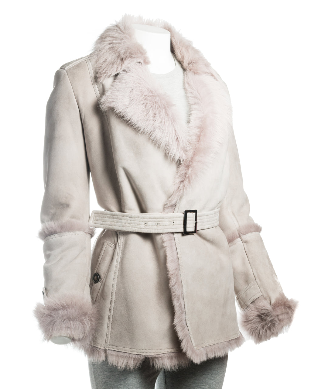 Ladies Grey Belted Wrap-Around Toscana Sheepskin Coat: Vincenza
