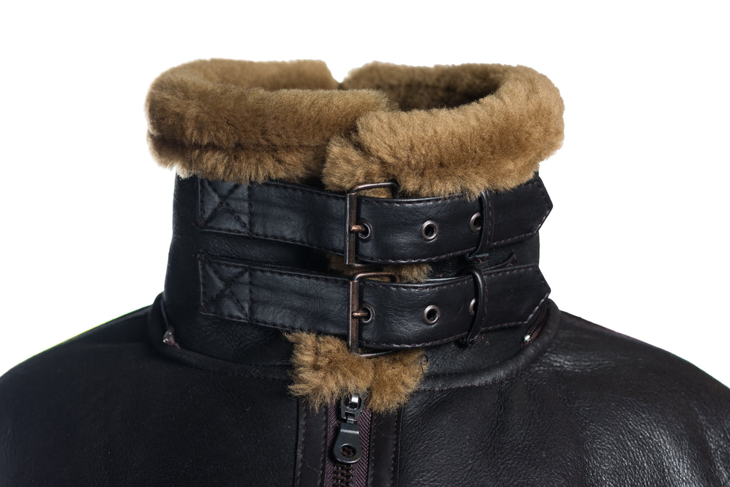 Ladies Brown and Ginger Straight Zip Sheepskin Flight Jacket With Detachable Hood - Torvi