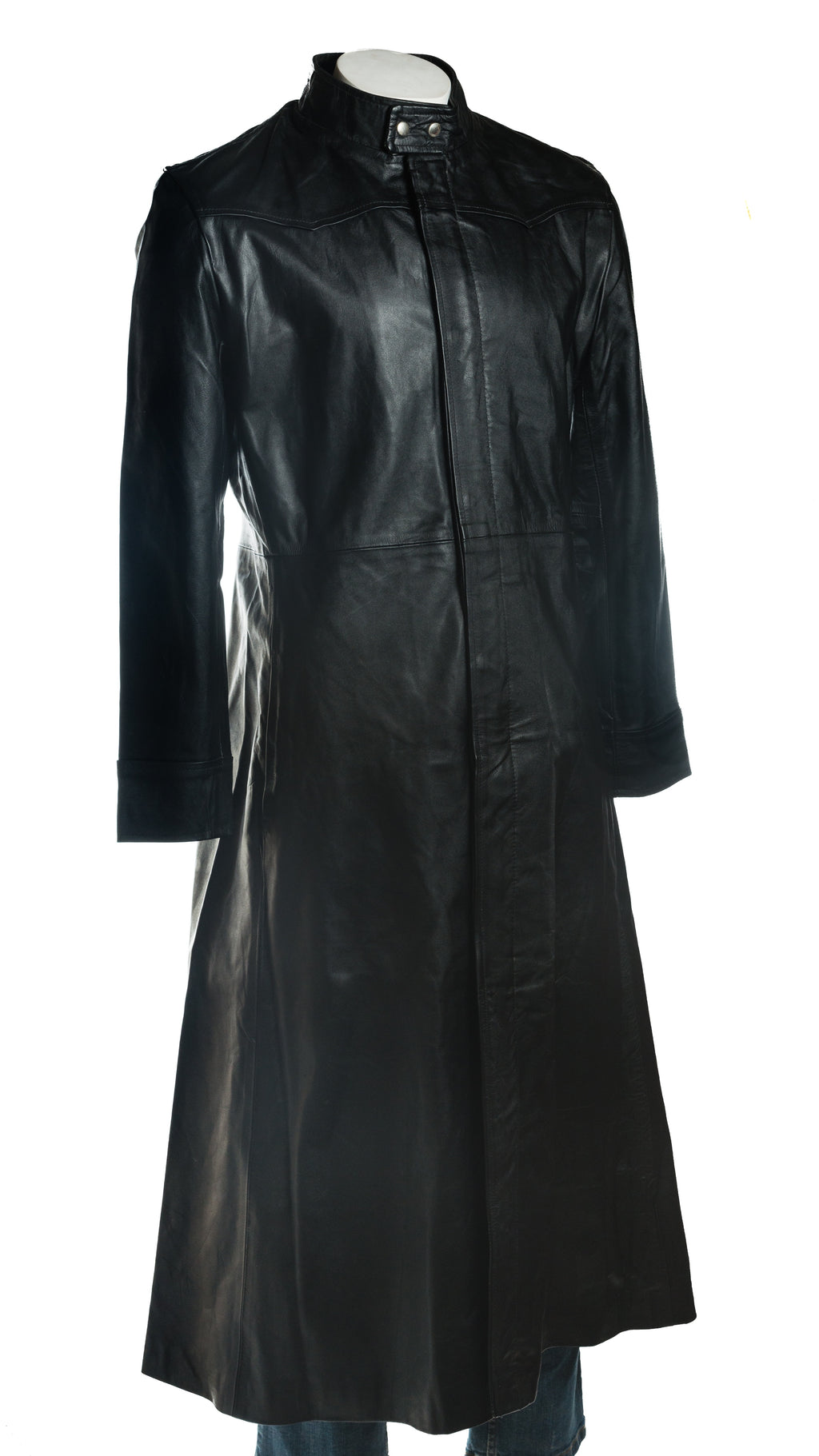 Men's Black Matrix Style Full Length Flared Leather Coat: Alexander