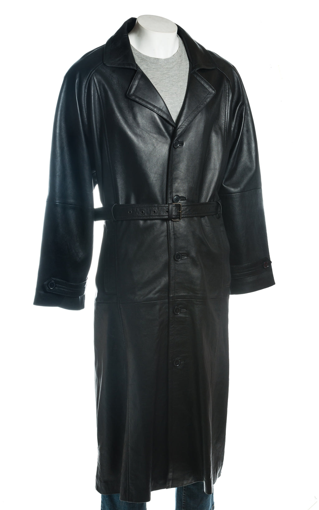 Men's Black Full Length Belted Leather Coat: Emmanuel
