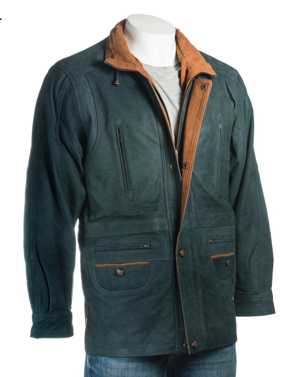 Men's Teal And Tan Nubuck Coat with Zipped Pockets: Fernando