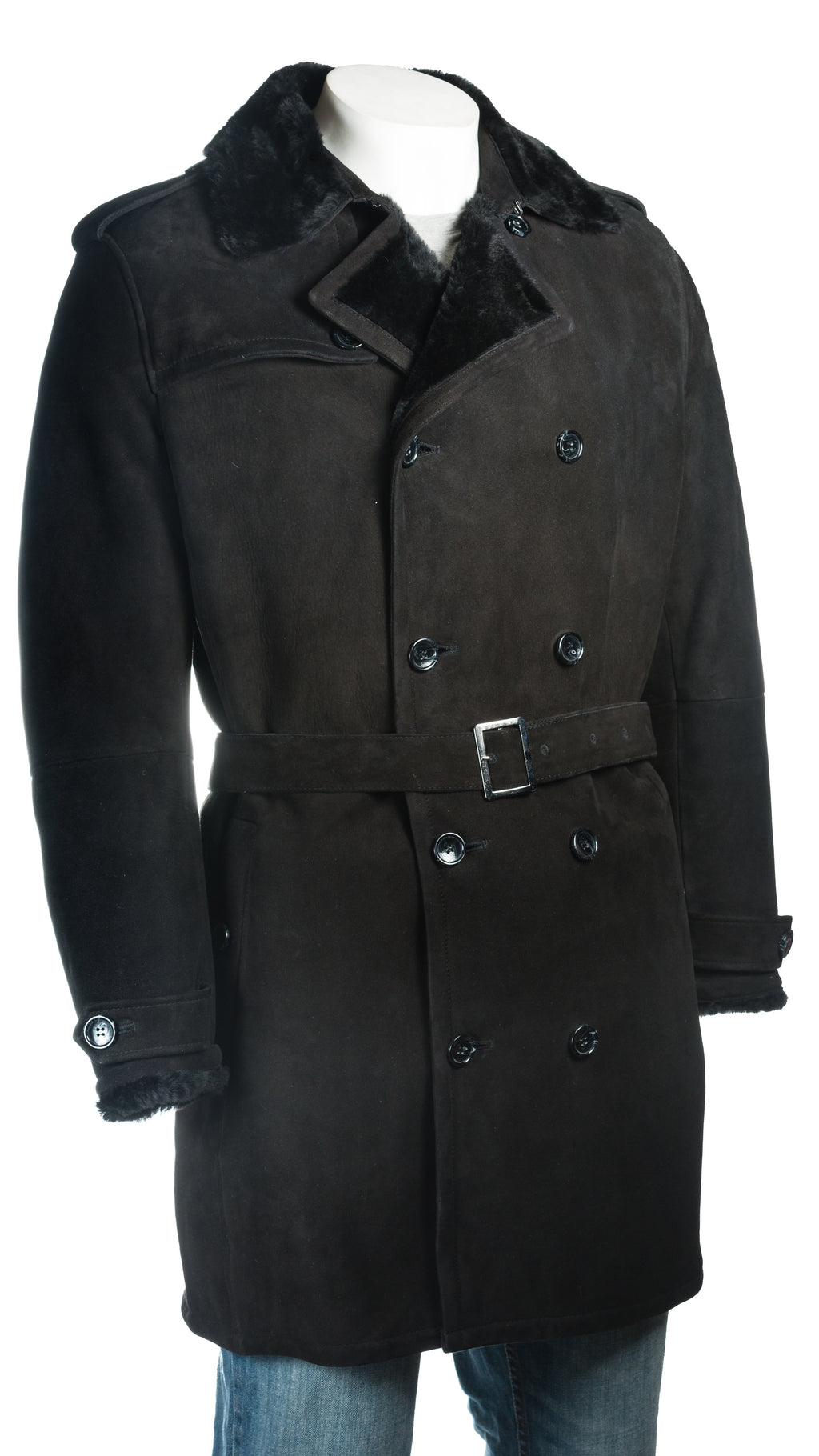 Men's Black Shearling Sheepskin 3/4 Double Breasted Button Up Suede Finish Coat: Stefano