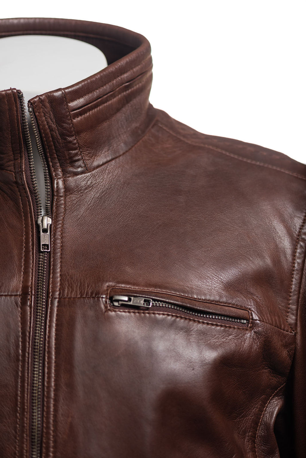 Men's Brown Plus Size Funnel Neck Leather Jacket: Luigi