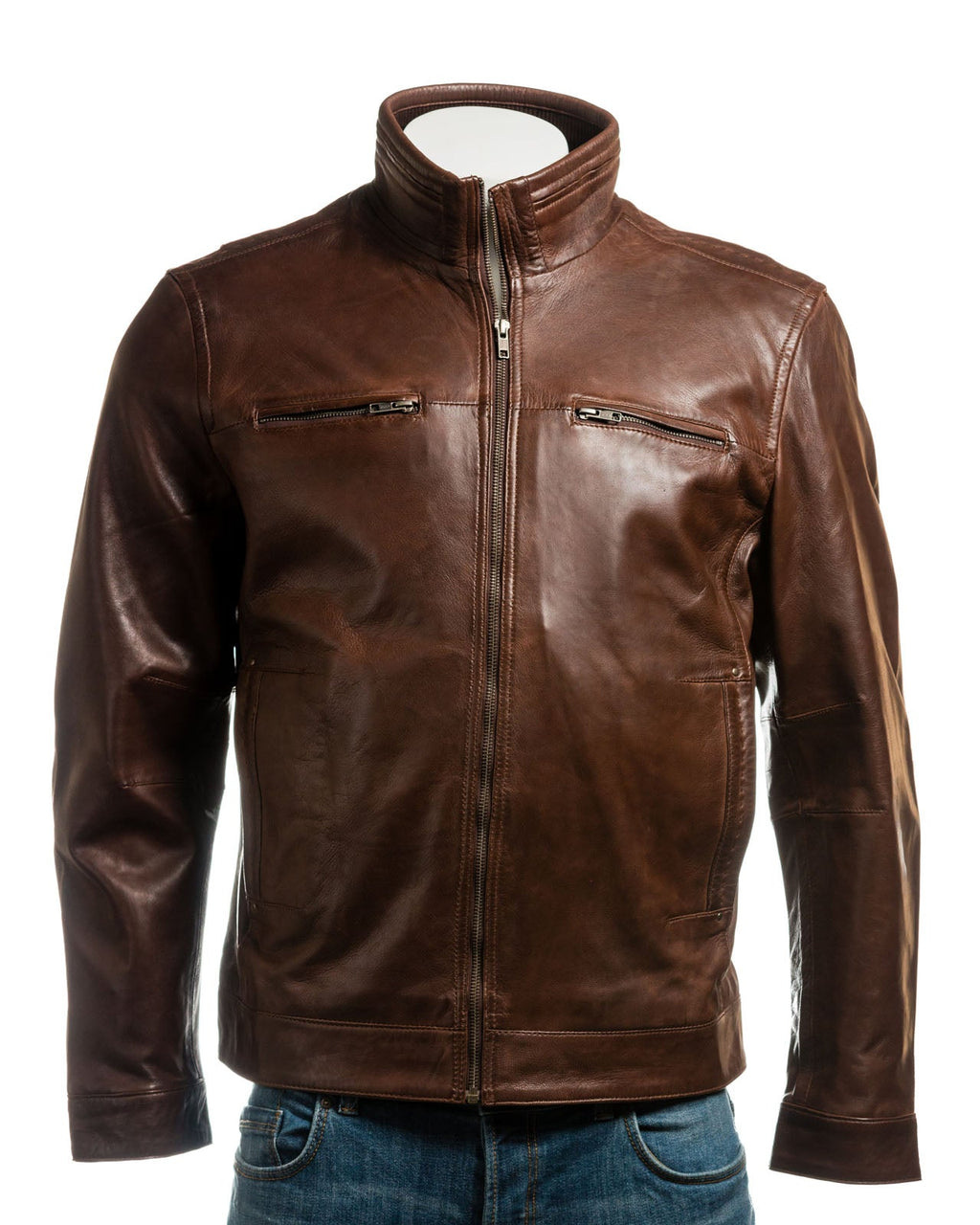 Men's Brown Plus Size Funnel Neck Leather Jacket: Luigi