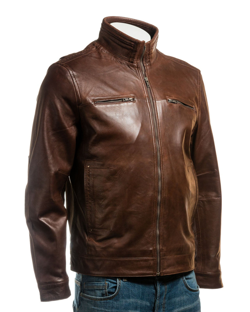 Men's Brown Plus Size Funnel Neck Leather Jacket: Luigi