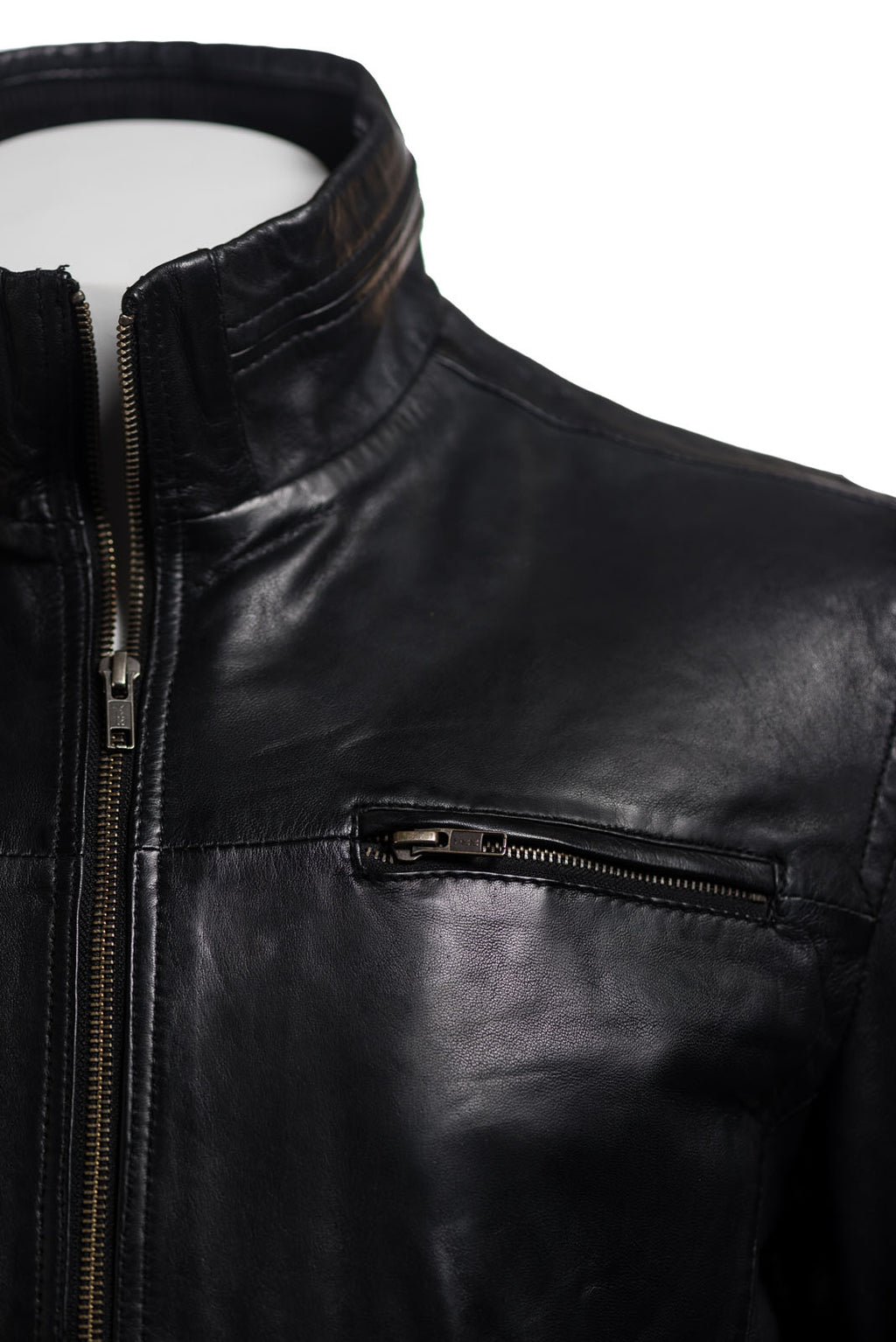 Men's Black Plus Size Funnel Neck Leather Jacket: Luigi