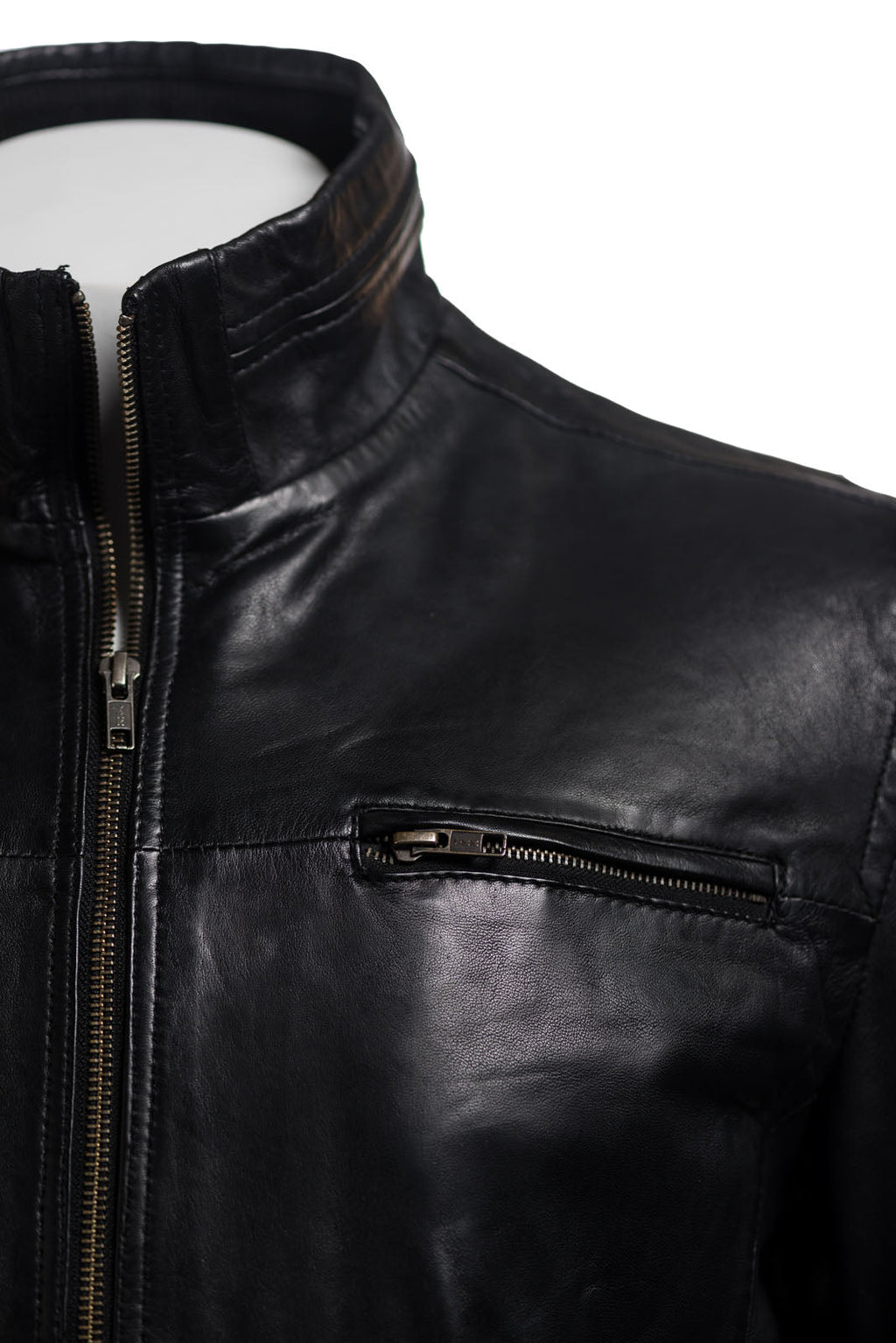 Men's Black Funnel Neck Leather Jacket: Luigi