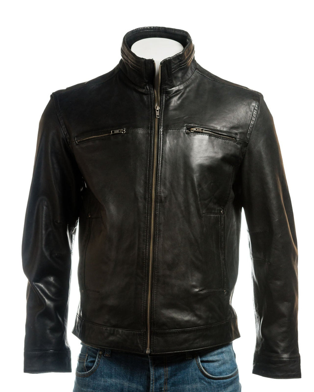 Men's Black Funnel Neck Leather Jacket: Luigi