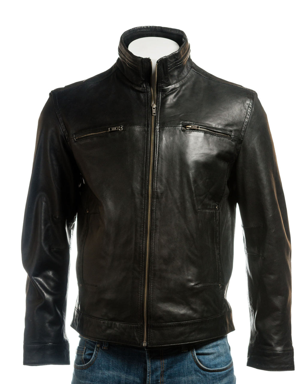 Men's Black Plus Size Funnel Neck Leather Jacket: Luigi