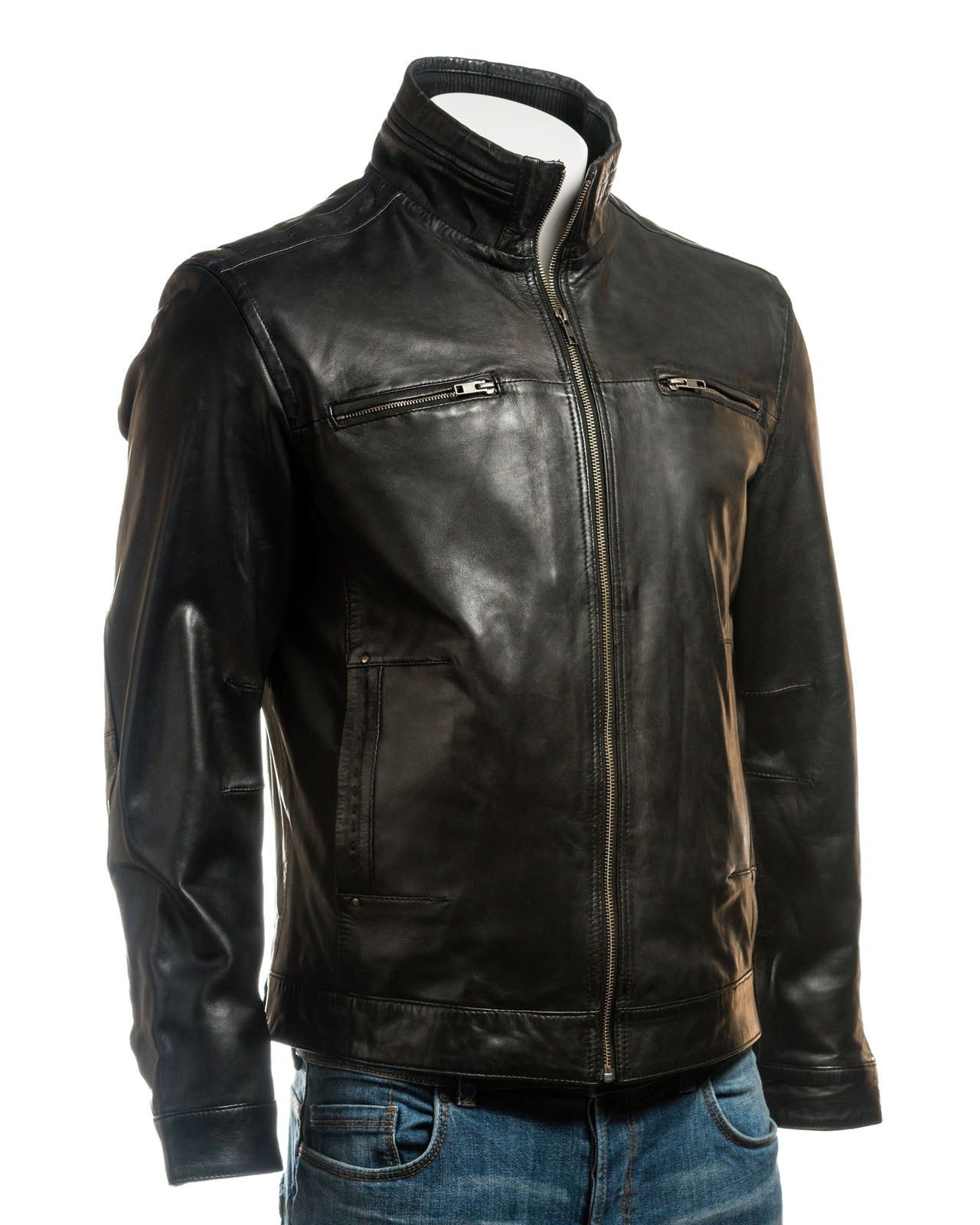 Men's Tan Funnel Neck Leather Jacket: Luigi