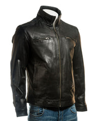 Men's Black Funnel Neck Leather Jacket: Luigi
