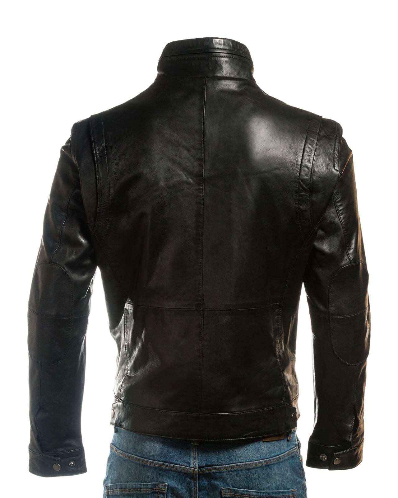 Men's Black Funnel Neck Leather Jacket: Luigi