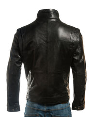 Men's Black Funnel Neck Leather Jacket: Luigi