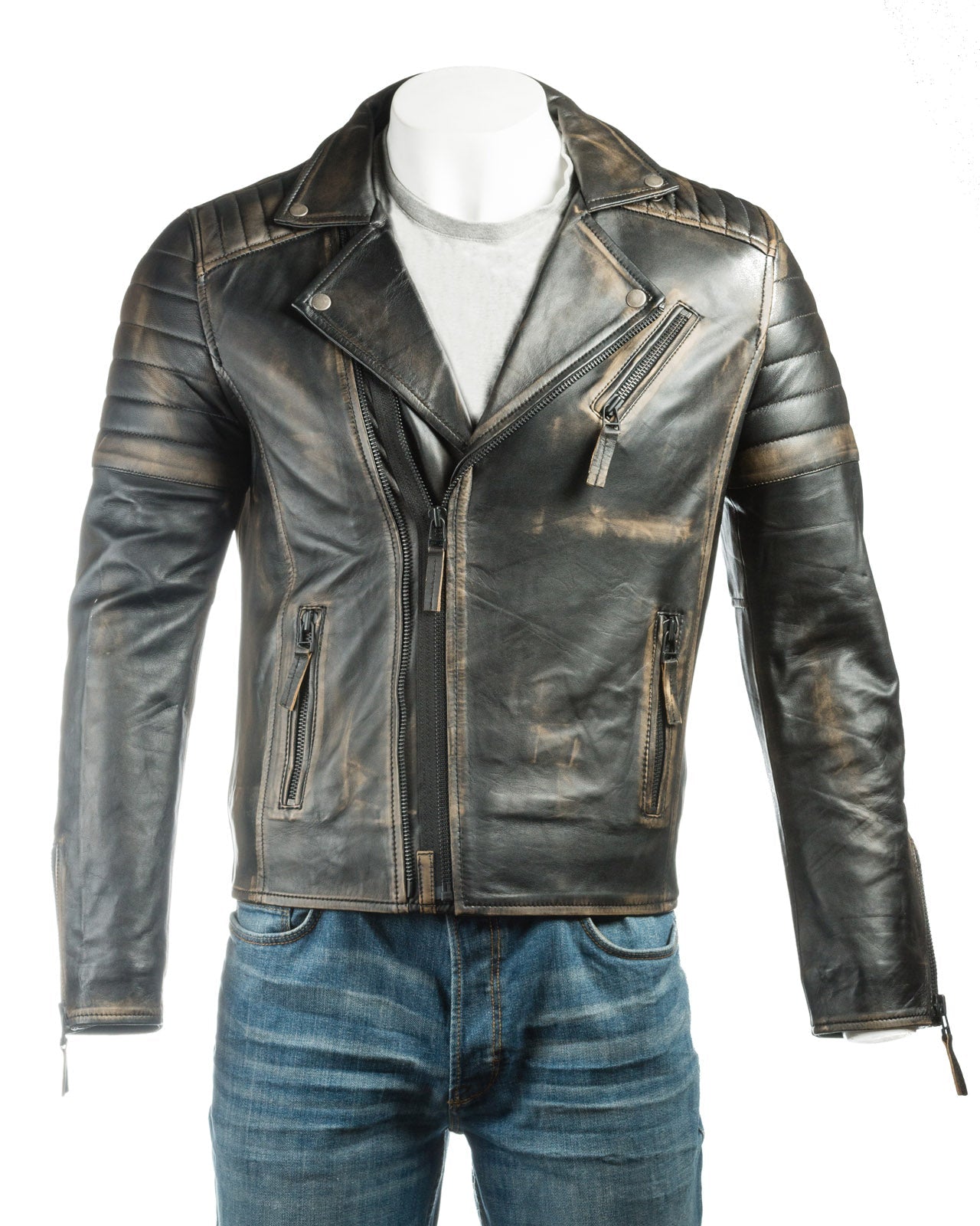 Men's Burgundy Vintage Look Biker Style Leather Jacket: Placido